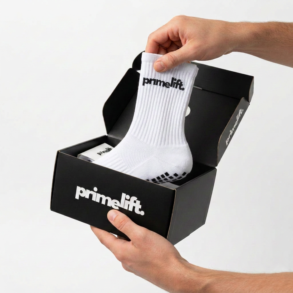 White PrimeLift gym grip sock displayed in branded black PrimeLift packaging