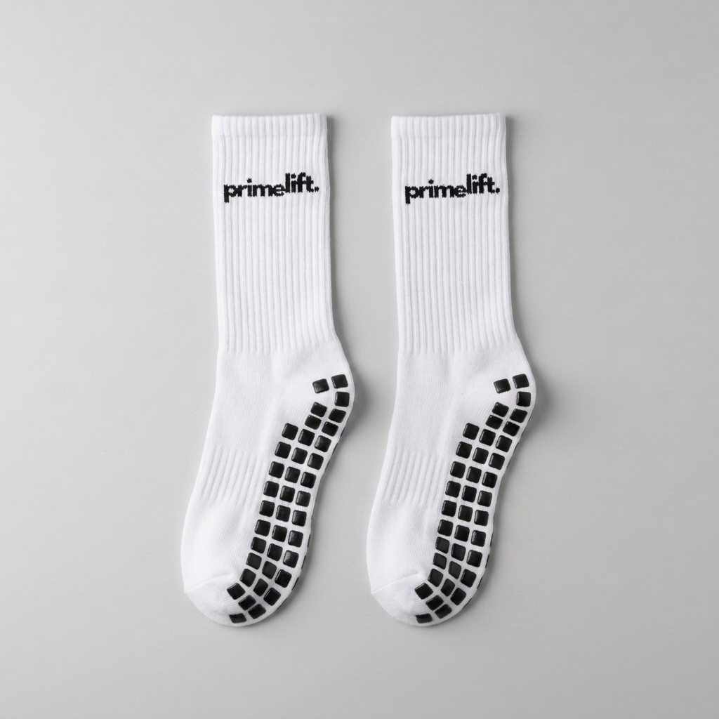 Pair of white PrimeLift non-slip gym grip socks with black sole grips