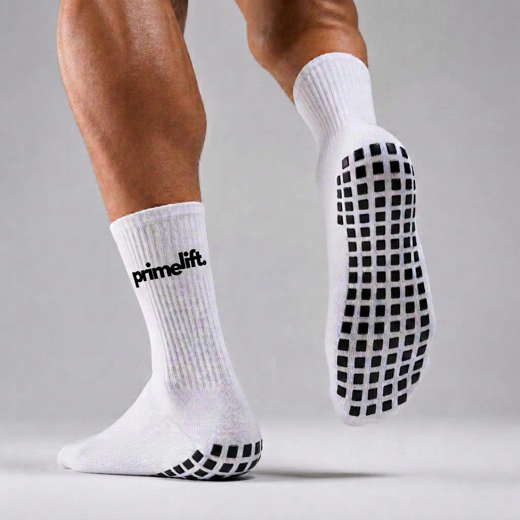White PrimeLift non-slip gym grip socks being worn with black sole grips